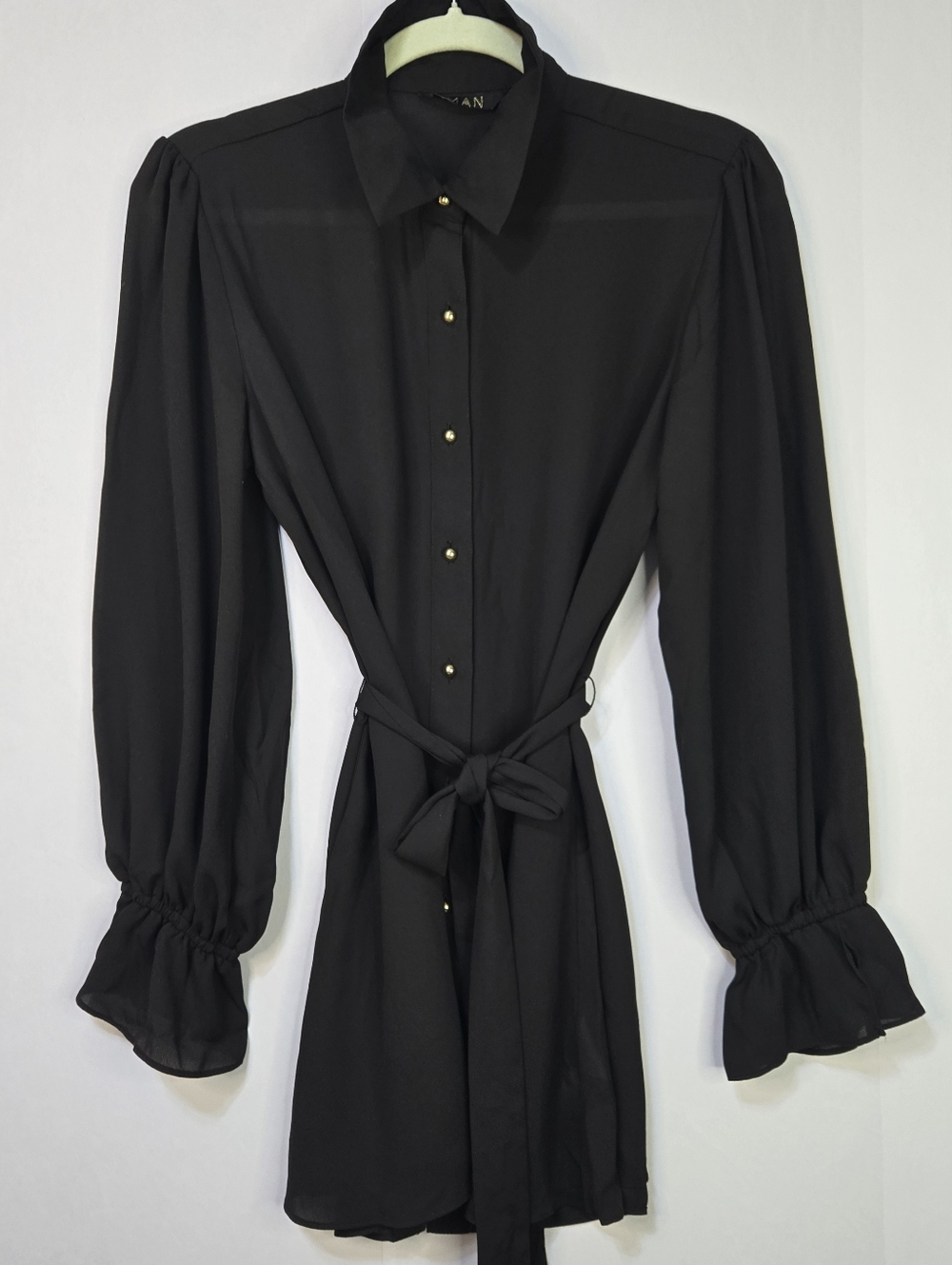 IMAN Size S Shear Black Gold Button-Front Belted Tunic Dress NWOT
